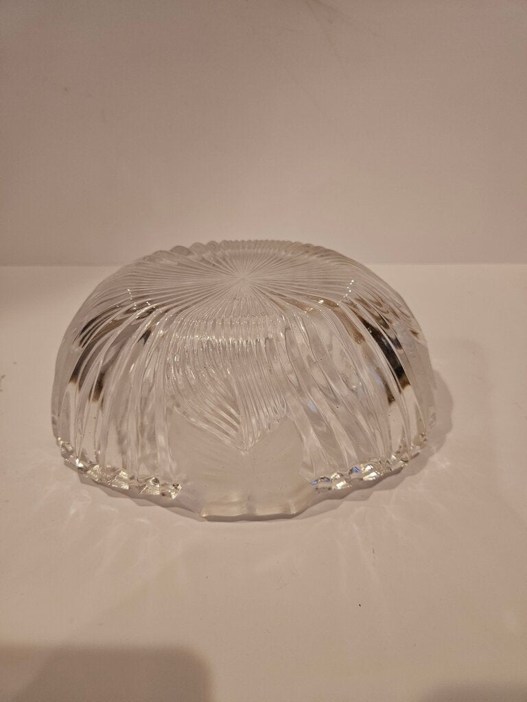 Vintage Mikasa Lead Crystal Bowl w Frosted Floral Leaf Deep Ribbed Sawtooth Edge