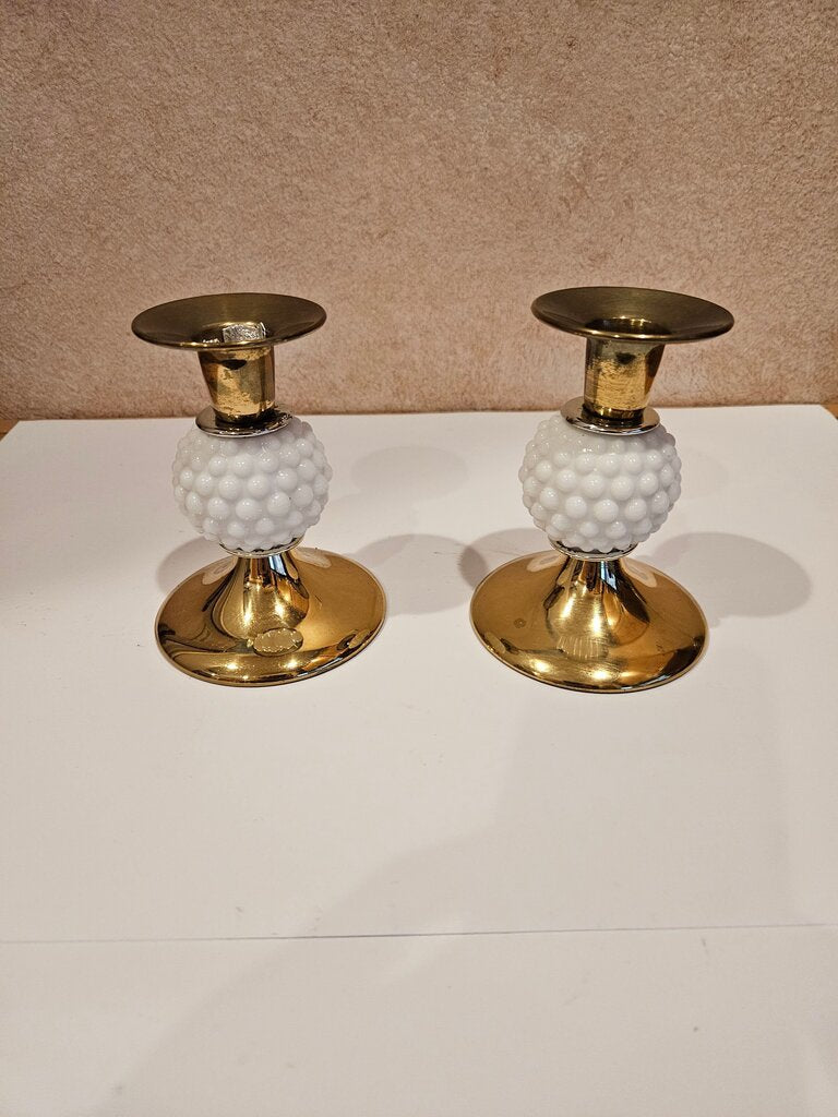 Vintage Milk Glass Hobnail and Brass Candlestick Holders - Pair