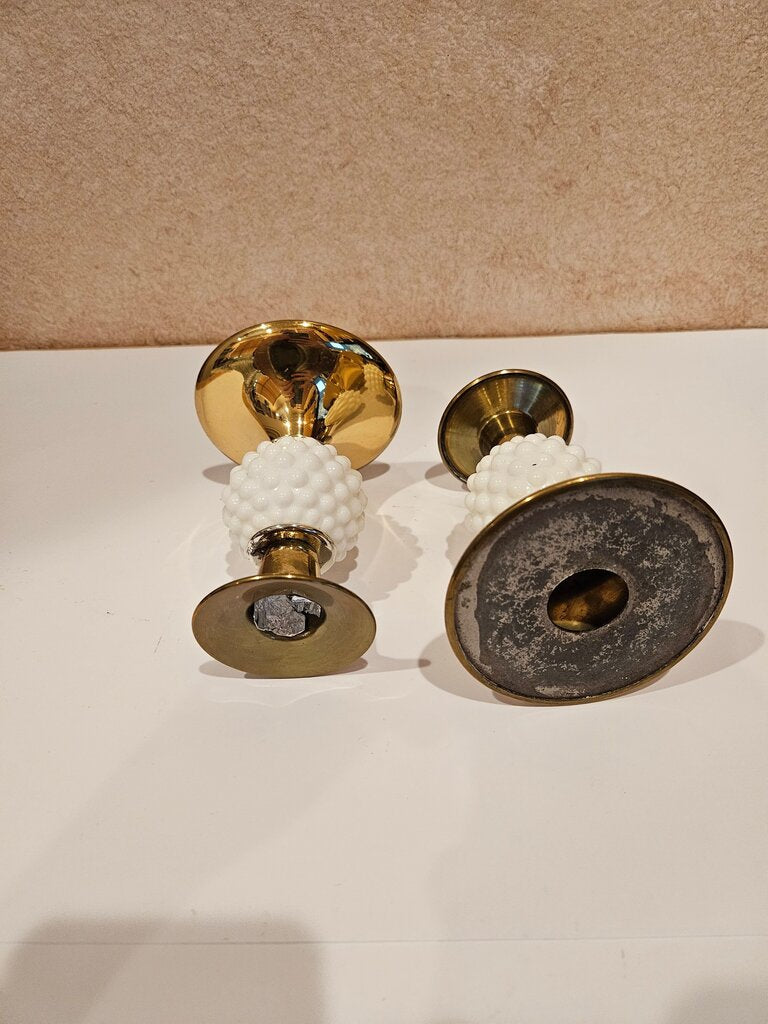 Vintage Milk Glass Hobnail and Brass Candlestick Holders - Pair