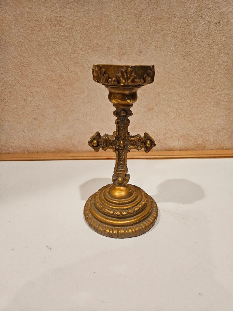 Vintage Gold Candle Holder with Cross Design