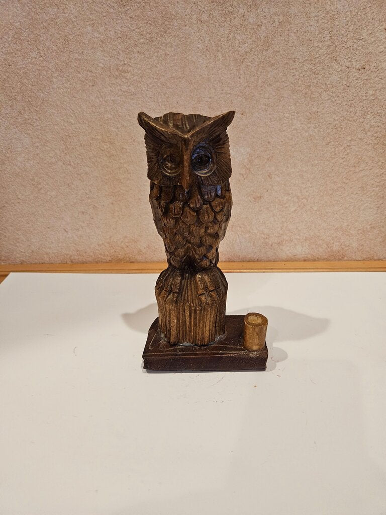 Wooden Owl Figurine Pen Holder