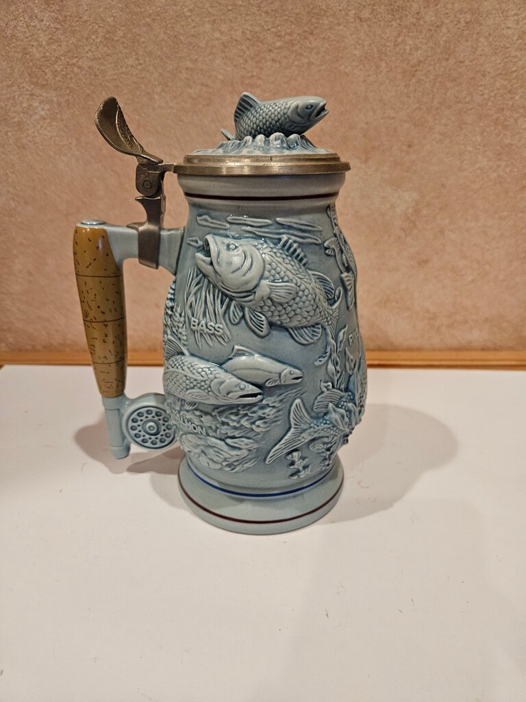Vintage Avon Ceramic Lidded Light Blue Fishing Fish Detail Ceramic Beer Stein 1990