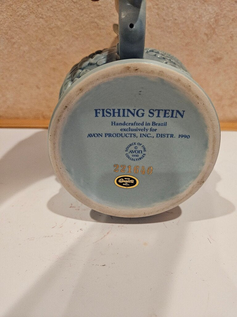 Vintage Avon Ceramic Lidded Light Blue Fishing Fish Detail Ceramic Beer Stein 1990