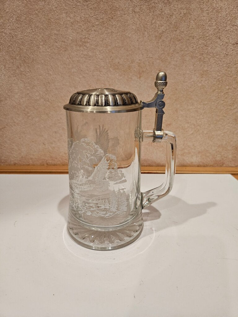 Etched German Stein. Beer Glass w/ Pewter Lid. oh Made in Germany. Fish Design