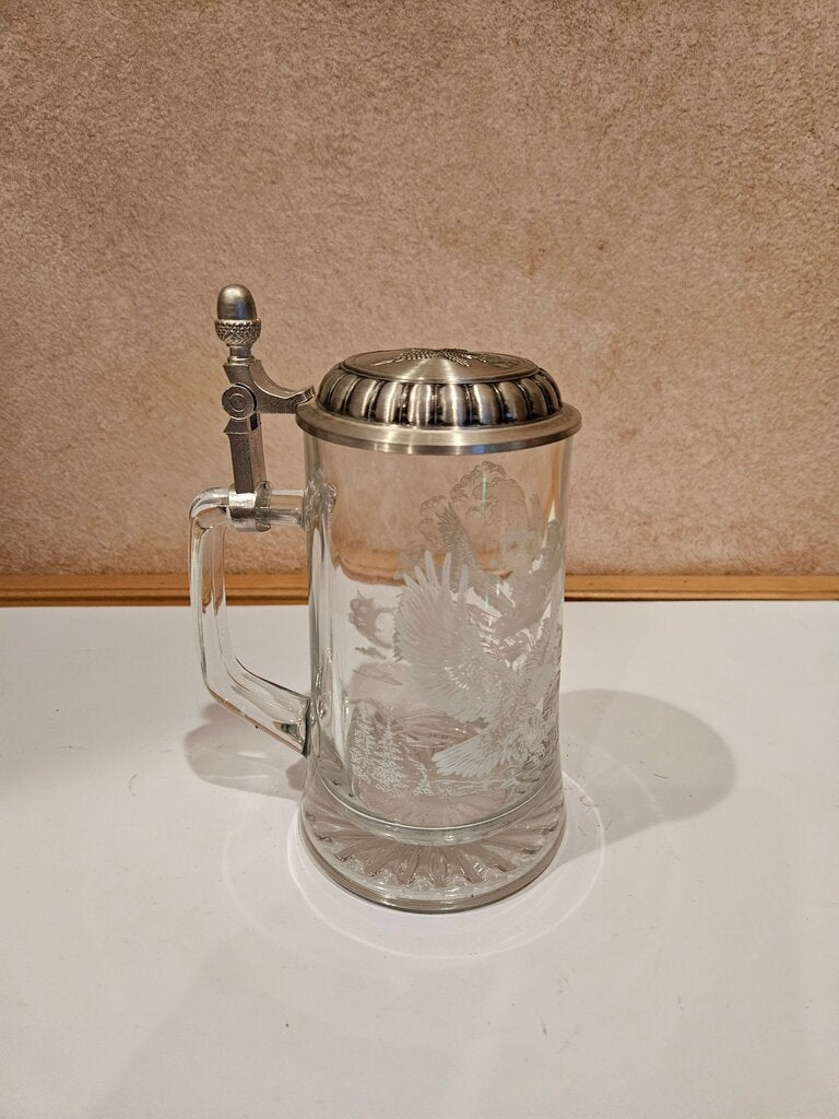 Etched German Stein. Beer Glass w/ Pewter Lid. oh Made in Germany. Fish Design