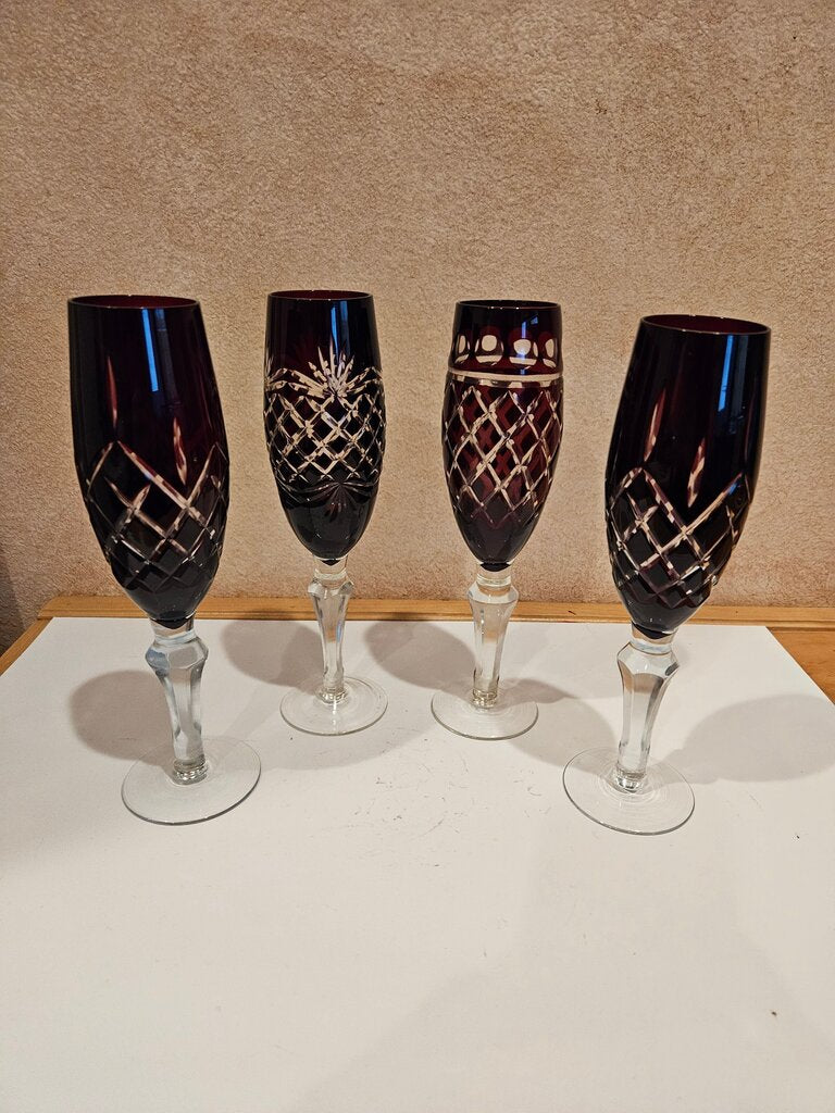Ajka Marsala Nachtmann Bohemian Cut Crystal Ruby Red Fluted Champagne