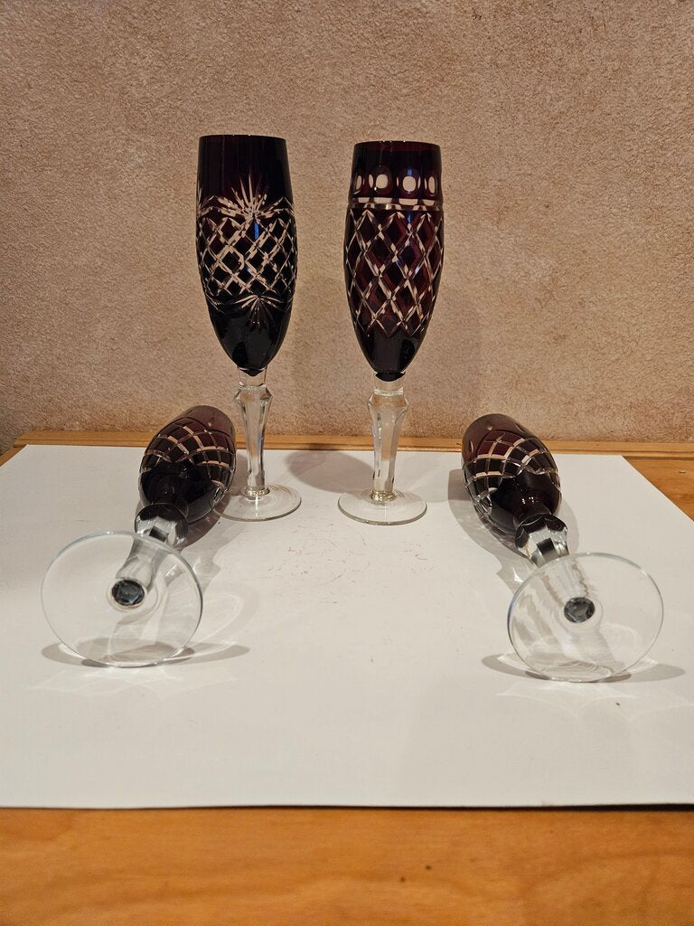 Ajka Marsala Nachtmann Bohemian Cut Crystal Ruby Red Fluted Champagne