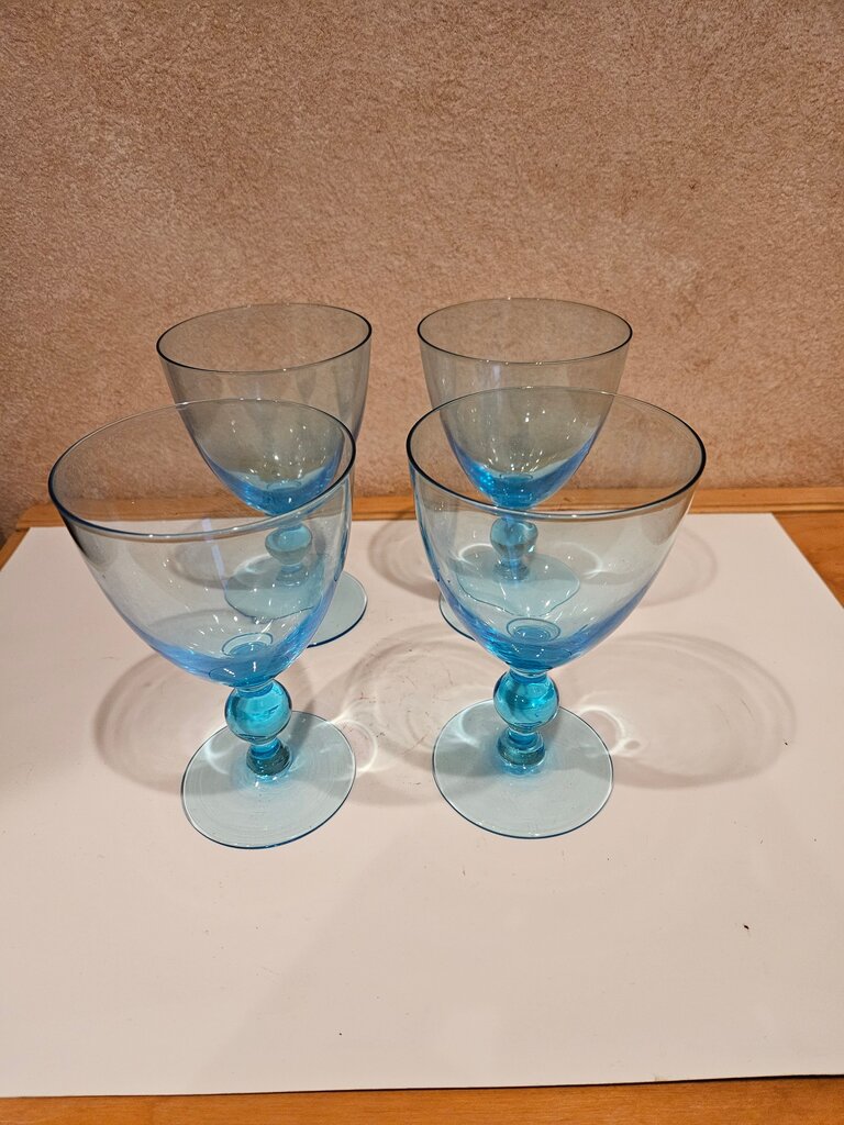 Set of 4 Aqua Teal Color Footed Drinking/Wine Glasses with Ball Stem