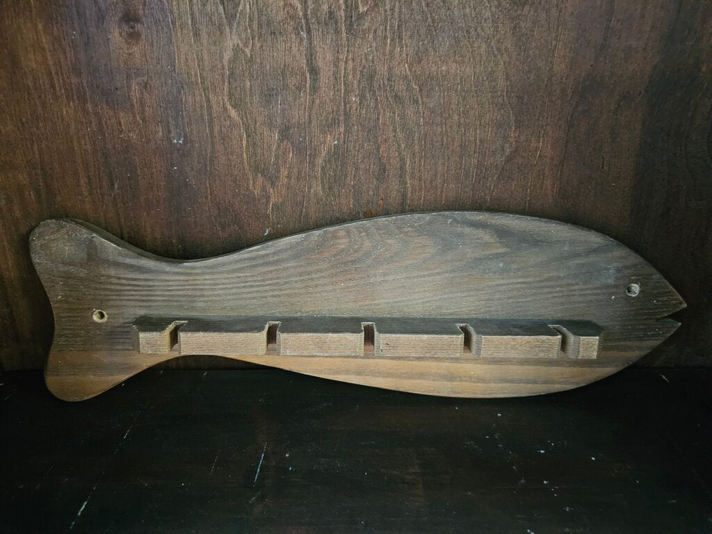 Wooden Rod Rack Wooden Fishing Fish shape spoon Holder / hankie display Vintage