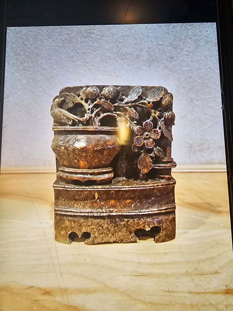 Antique Chinese Carved Soapstone Bookend - One Only - Brown w/ Orange & Cream Soapstone Slab