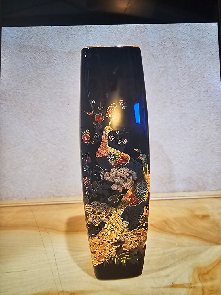 Vintage Cobalt Blue Floral Pheasant Peacock Japan Ceramic Gold Trim Square Vase