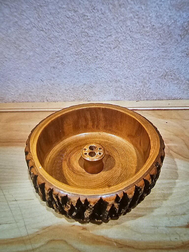 Vintage Wooden Turned Wood Live Edge Bark Nut Bowl Varnish Smooth Finish Felt Bottom 1950s Rustic Woodsy Lodge