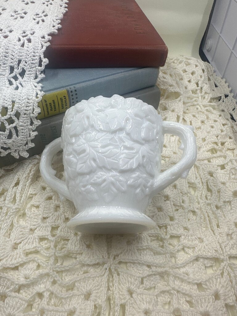 White Milk Glass Westmoreland Bramble Pattern Sugar dish Leaf Pattern 2 handle