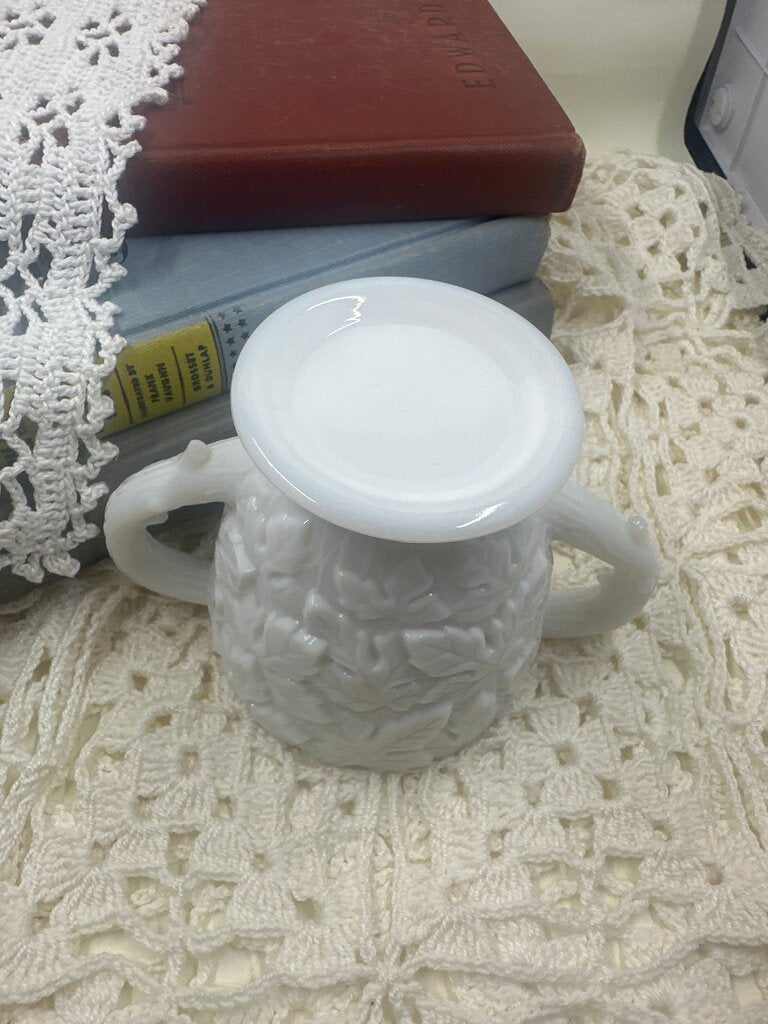 White Milk Glass Westmoreland Bramble Pattern Sugar dish Leaf Pattern 2 handle
