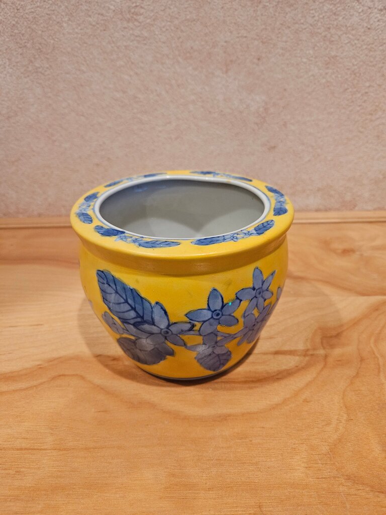 Yellow Blue Floral Chinoiserie Planter Pot Decorative Yellow Flower Pot