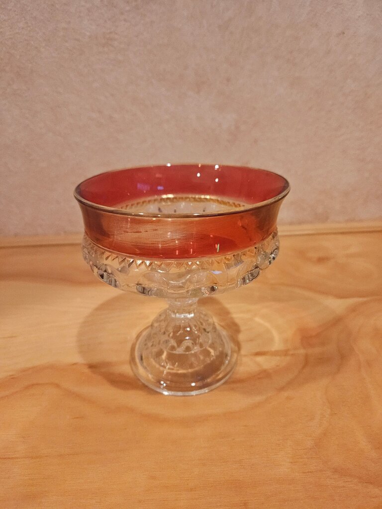 Vintage Kings Crown Tiffin Clear Glass Cranberry Rim Pedestal Goblet Candy Dish 1950's