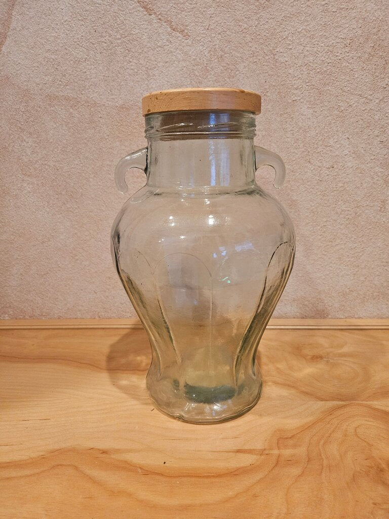 Vintage Large Olive Jar Amphora Style Clear Glass wide mouth with wooden lid