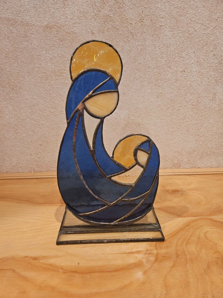 Stained Glass Madonna and Child tabletop Figurine with stand