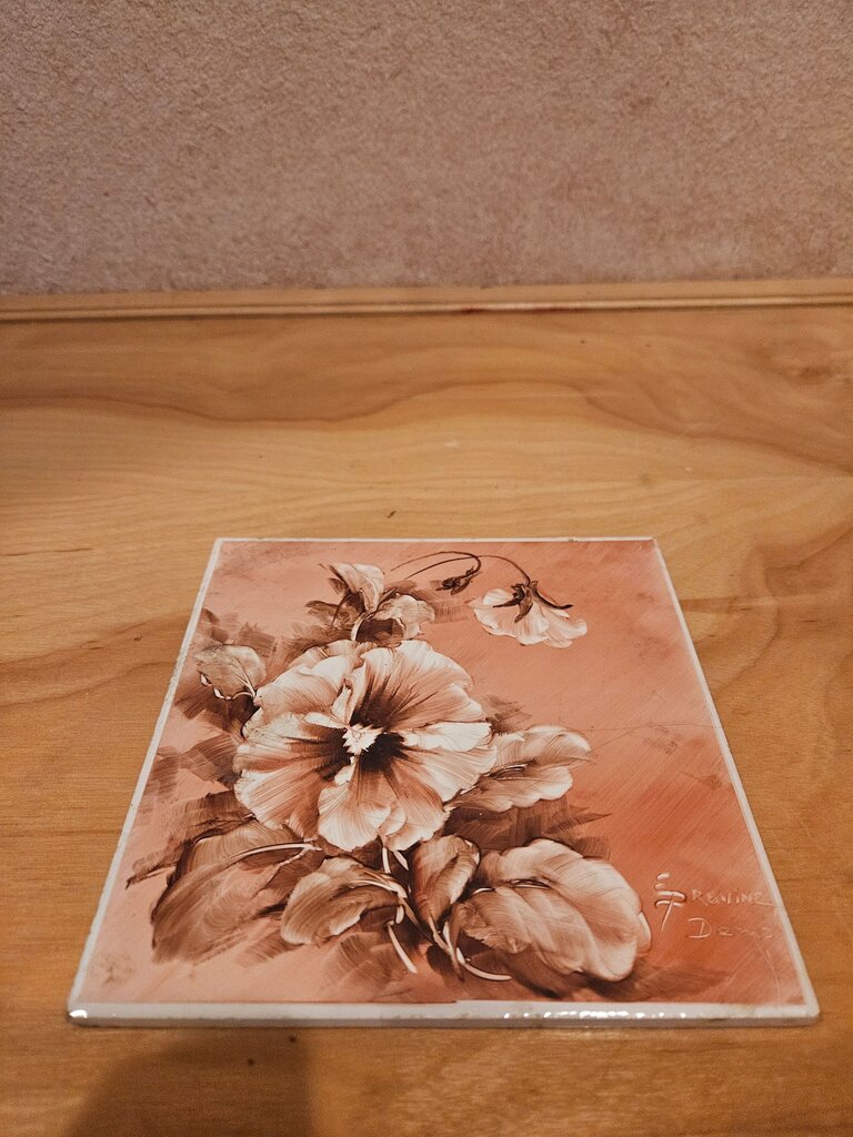 Hand Painted Floral Art painting on ceramic tile trivet signed work