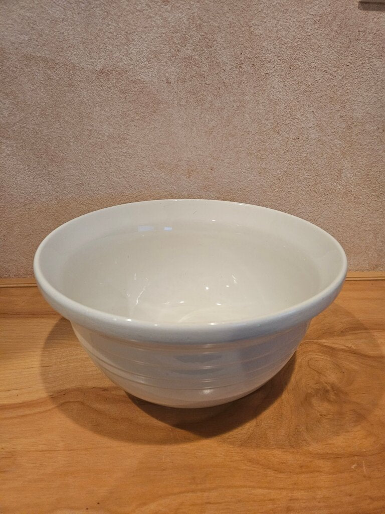 Vintage White Glazed Pottery Stoneware Ribbed Mixing Bowl, Medium Baking or Pudding Bowl