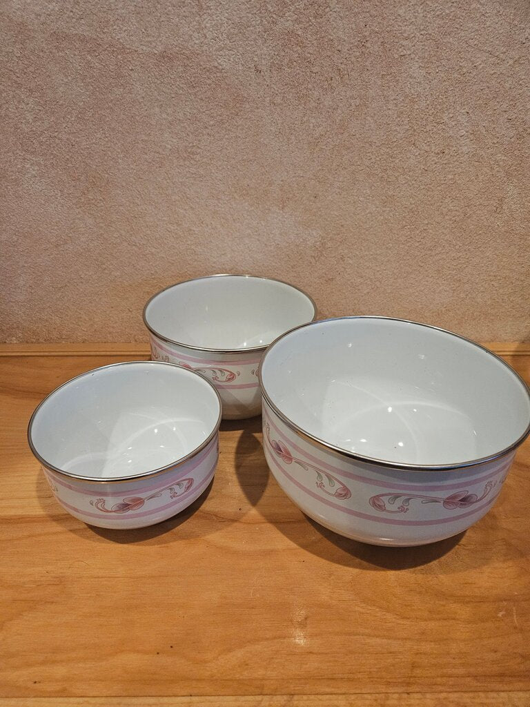 3 Vintage Enamelware Bowls Nesting Pans White Pink Floral Farmhouse Cottage Deco