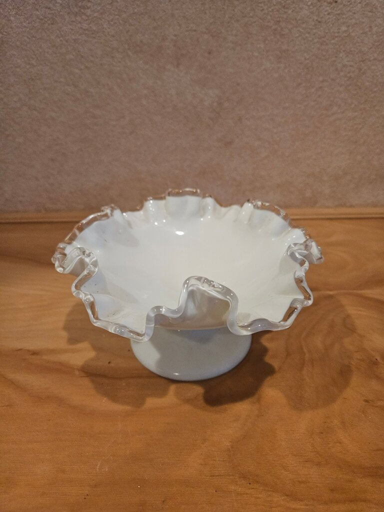 Vintage Fenton VTG White Crest Footed Milk Glass Ruffle top Trinket Candy Dish Pedestal Glass Ruffled Bowl compote