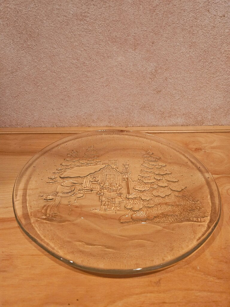 Vintage Clear Glass Snowman Winter Scene Christmas Platter Serving Plate