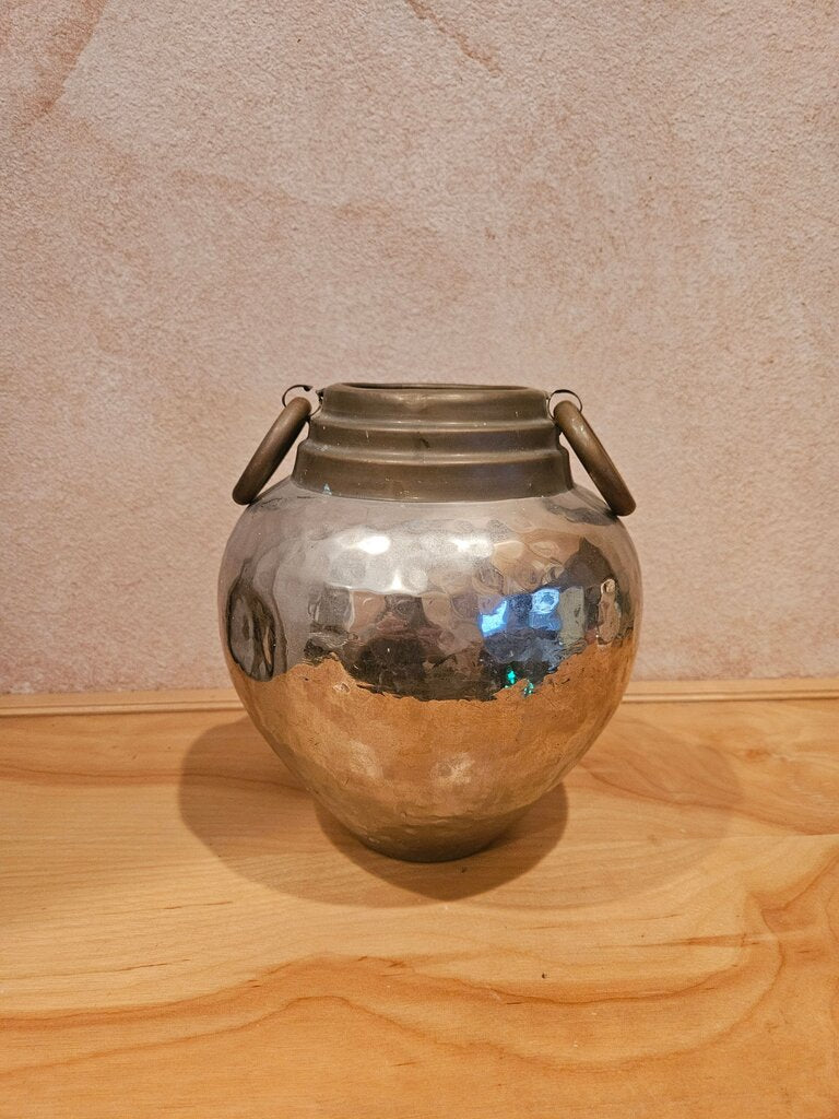 Mid-Century Brutalist Hammered Silver Metal and Brass Bowl Vessel With Handles