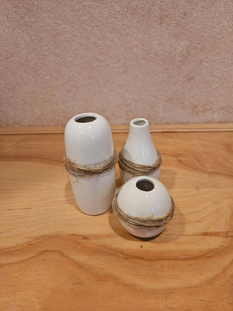 Set of 3 Decorative White Ceramic Vases with twine