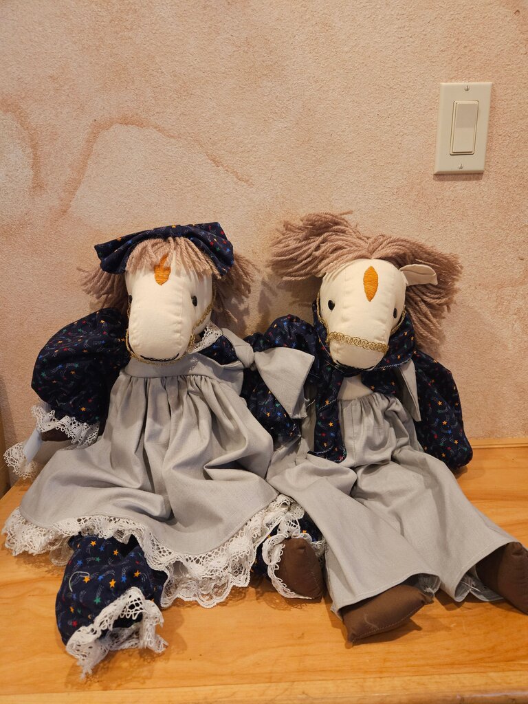 Set of Two Vintage plush Handmade Horse Doll, Fully Clothed decor