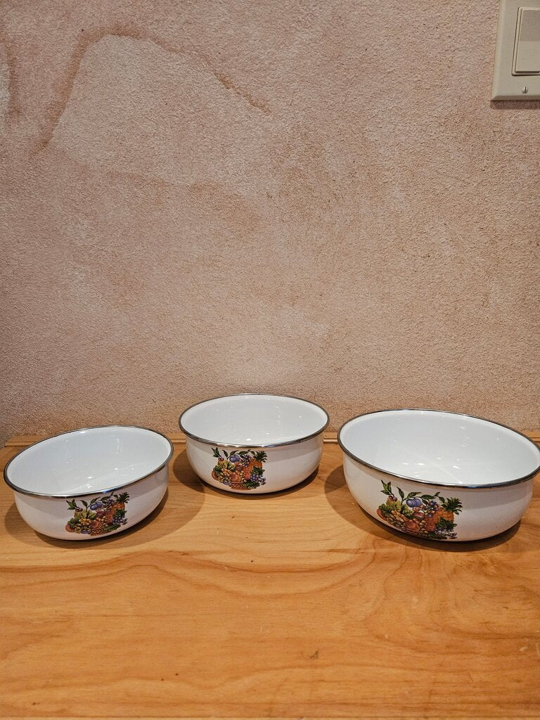 Vintage Set of Three Enamel nesting Bowls with Fruit Design