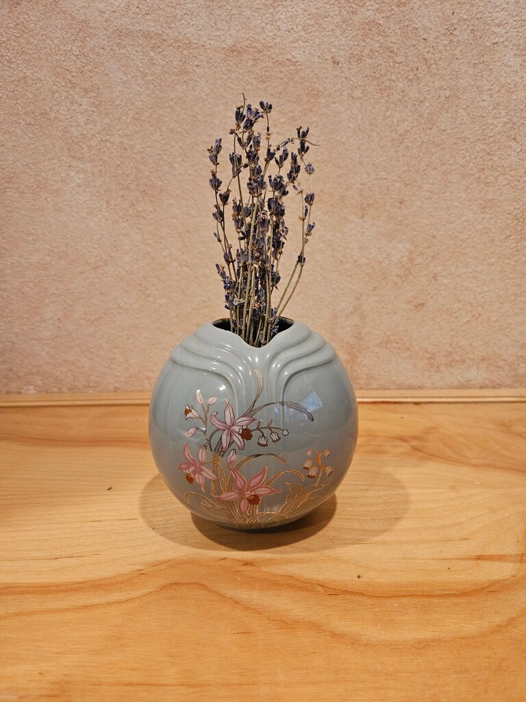 Vintage Japanese Flower Vase Small Gray/blue Pink Jonquils Fine China Ceramic
