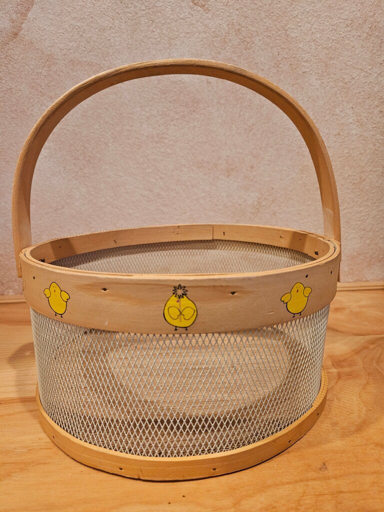Decorative Painted Chickens on blonde wood with hand Mesh Basket