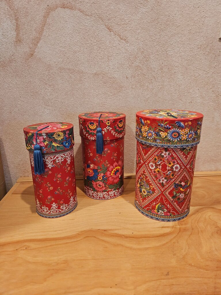 Set of Three Decorative Red Floral Storage Canisters Gift holders, nesting, tea box