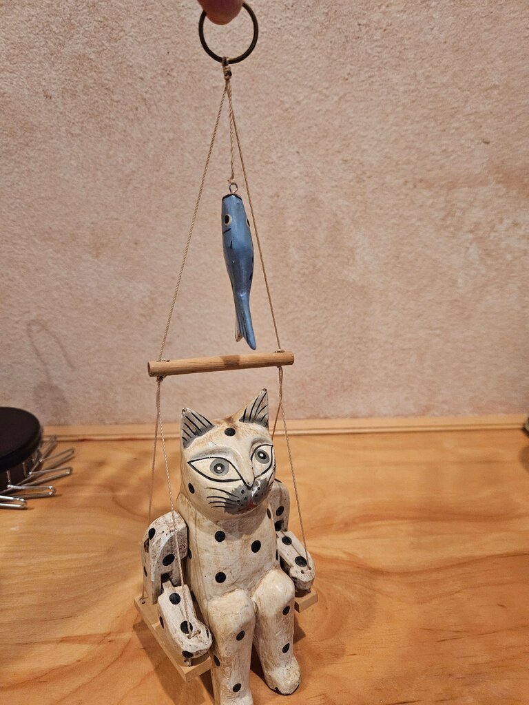 Handcrafted Wooden Cat Puppet with Fish Toy