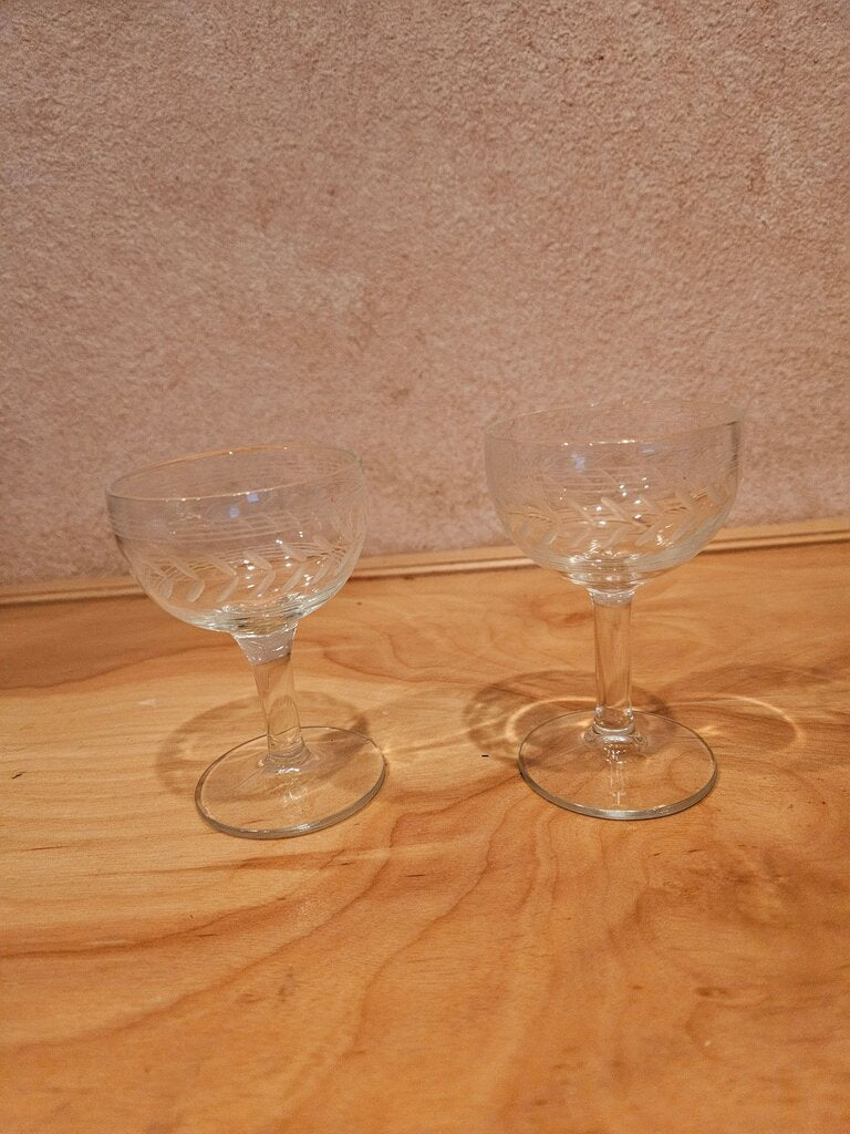 Set of 2 Vintage Crystal Glasses Etched Cordial Stemware with continuous Leaf pattern