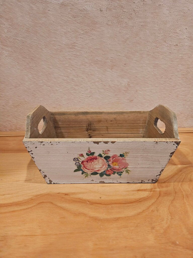 Vintage Floral Wooden Storage Basket/plant container