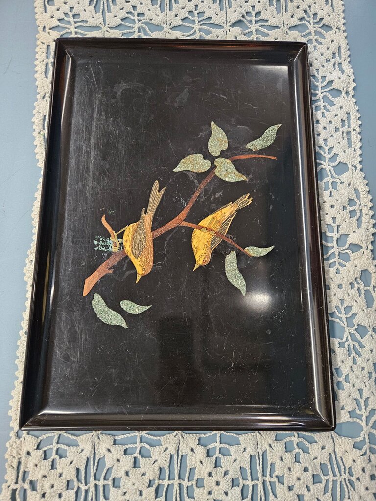 Mid Century COUROC Monterey CA Lg BLACK Lacquer TRAY YELLOW BIRDS Goldfinches As is