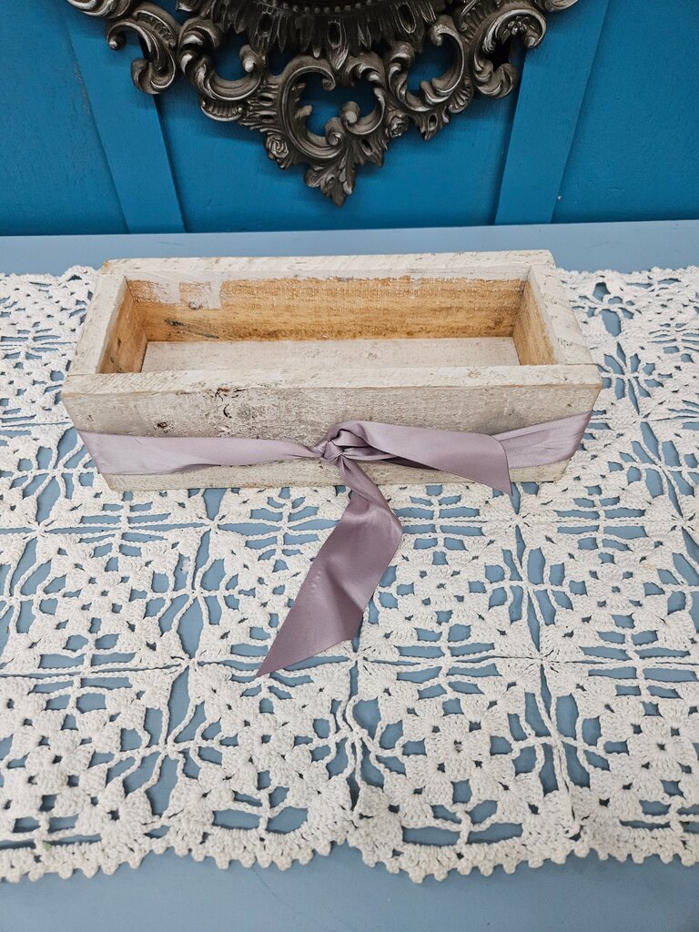 Rustic Wooden Box with Purple Ribbon