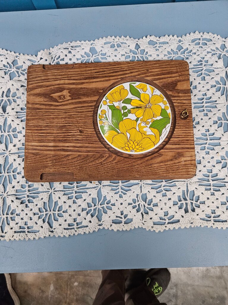 Vintage Wood Charcuterie Cutting Cheese Board Round Ceramic Tile Yellow Flower