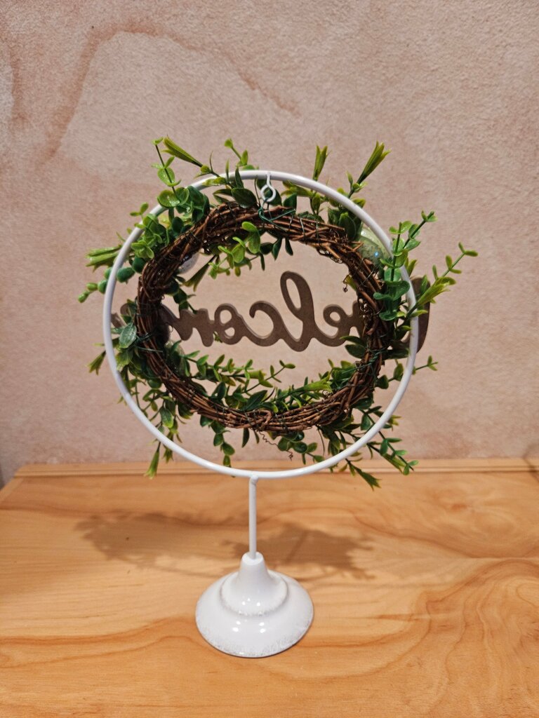 Chippy White Farmhouse Wreath Holder Decorative Welcome Sign with Greenery