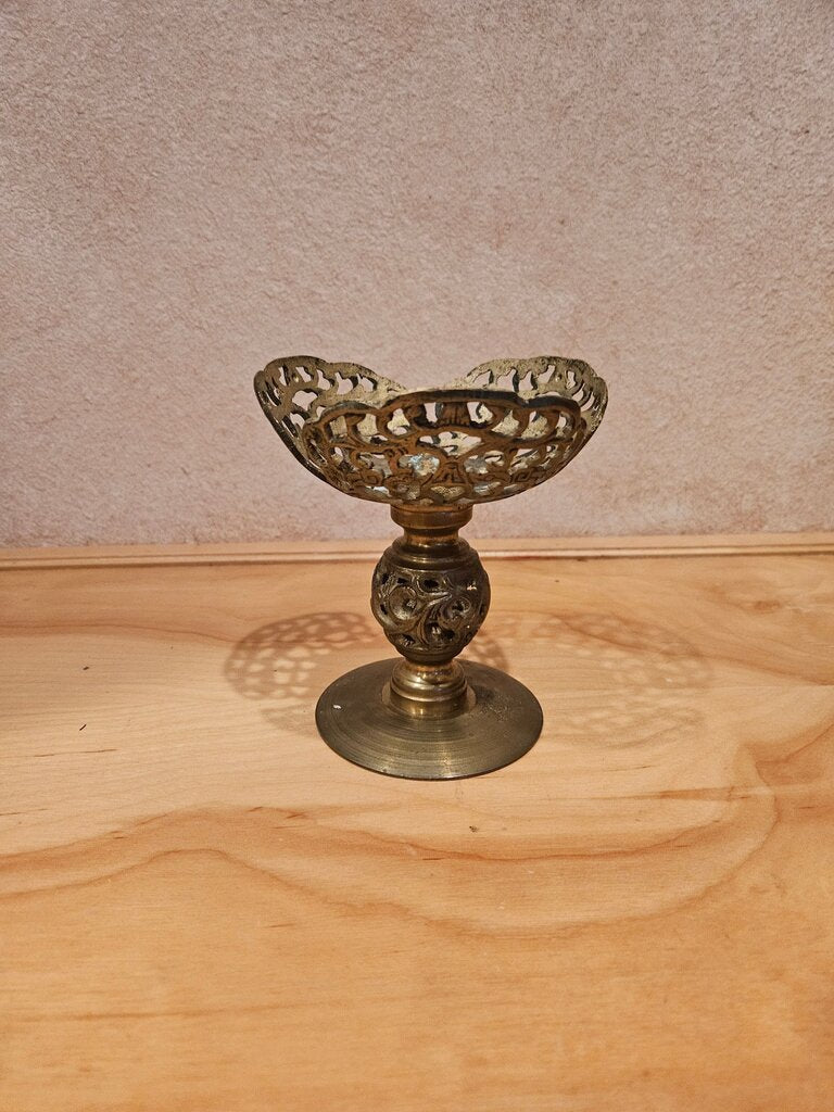 Pair of Vintage Taiwan Asian Brass Metal Candle Holder Pricket Chinese Designs Decorative Stand