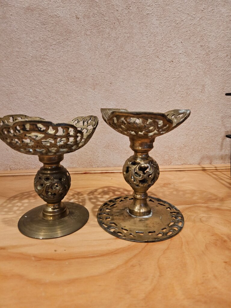Pair of Vintage Taiwan Asian Brass Metal Candle Holder Pricket Chinese Designs Decorative Stand