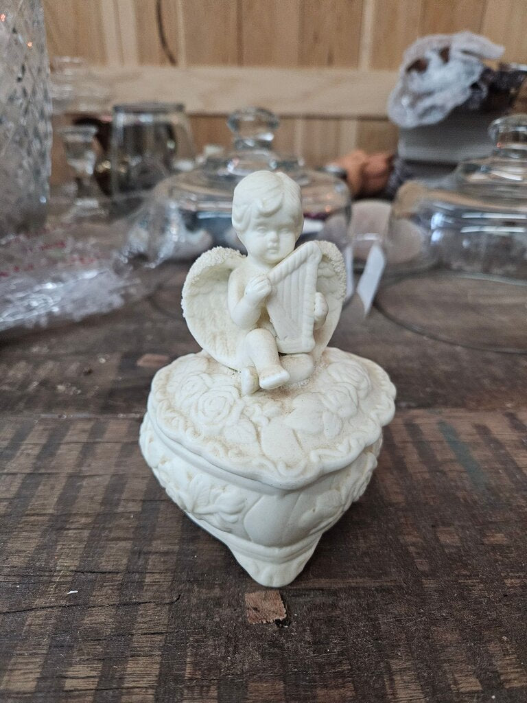 Cherub on Heart Shaped Trinket Box - Bisque Porcelain - Vintage