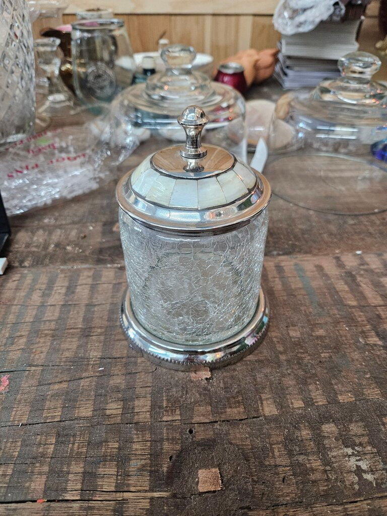 Vintage Crackle Glass Canister with Silver Lid with mother of pearl embossed