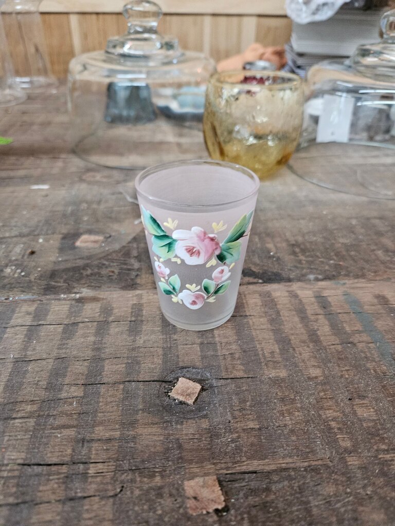 Frosted Flower Victorian style Hand painted Water Glass Pink Green Floral Relief