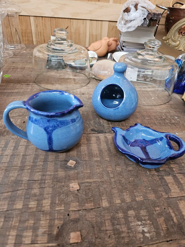 Ceramic Blue Pitcher and Dish Set