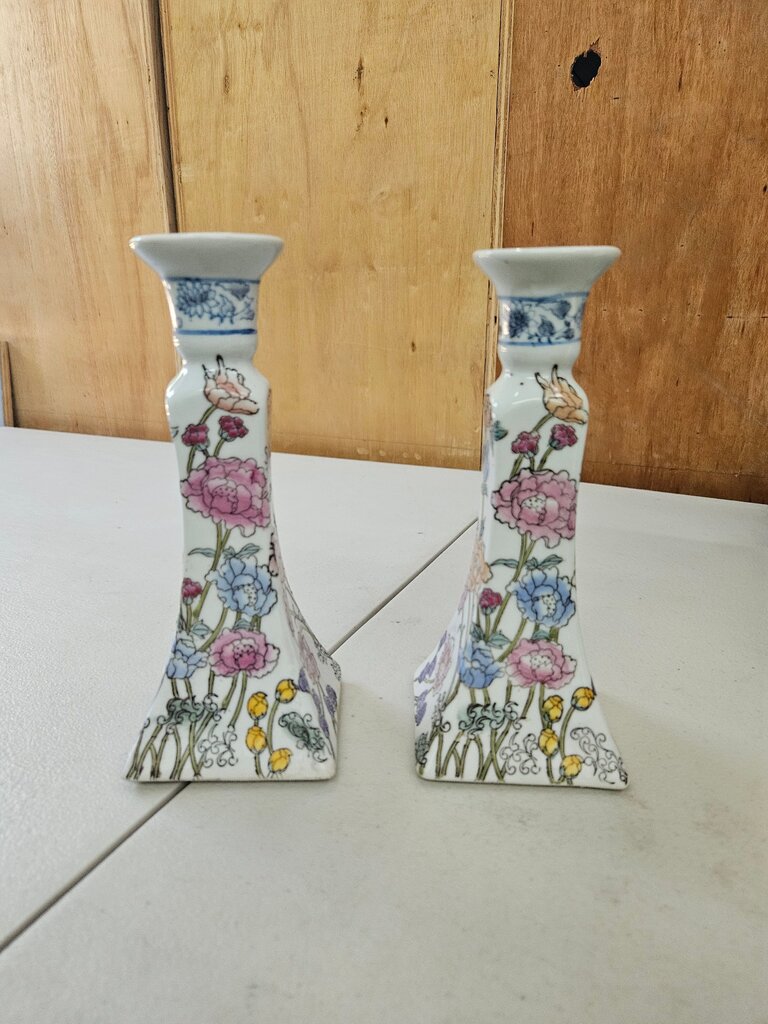 Pair of Floral Chinoiserie Candlestick Holders