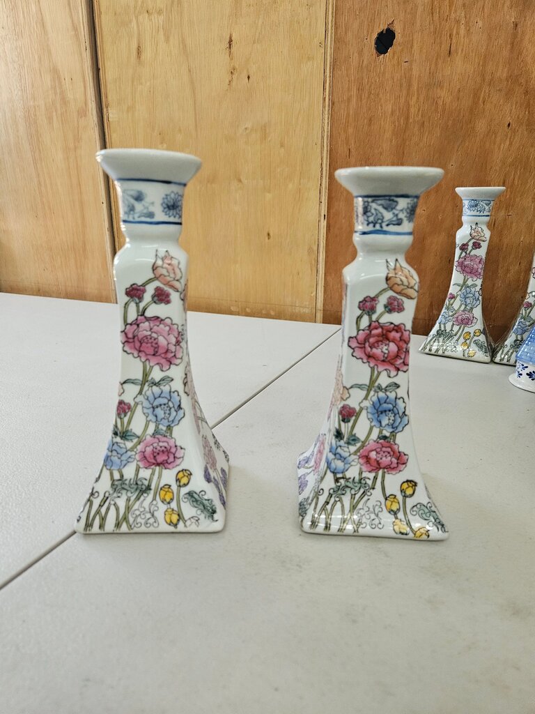 Pair of Floral Chinoiserie Candlestick Holders