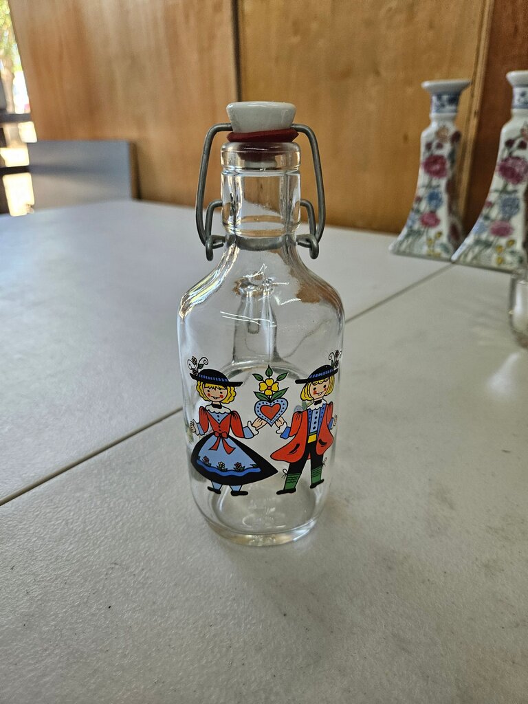 Vintage Glass Flask, Glass Bottle with Stopper, Clear Glass Bottle with german folk art